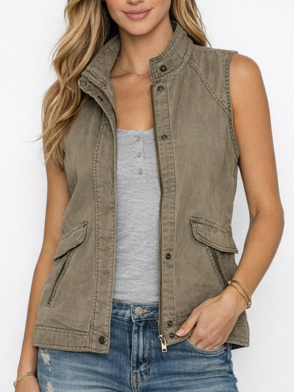 Michael Stars Utility Vest Olive Green Cotton Cargo Jacket Sleeveless Size L